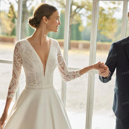 Elegant Wedding Dresses Women's Sexy V Neck Long Sleeve Backless Gowns with Sweep Train